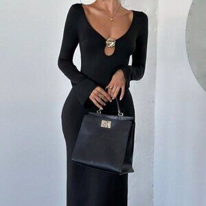 Black Elegant Women's Sexy Sleeveless Low-Cut Hollow Out Dress